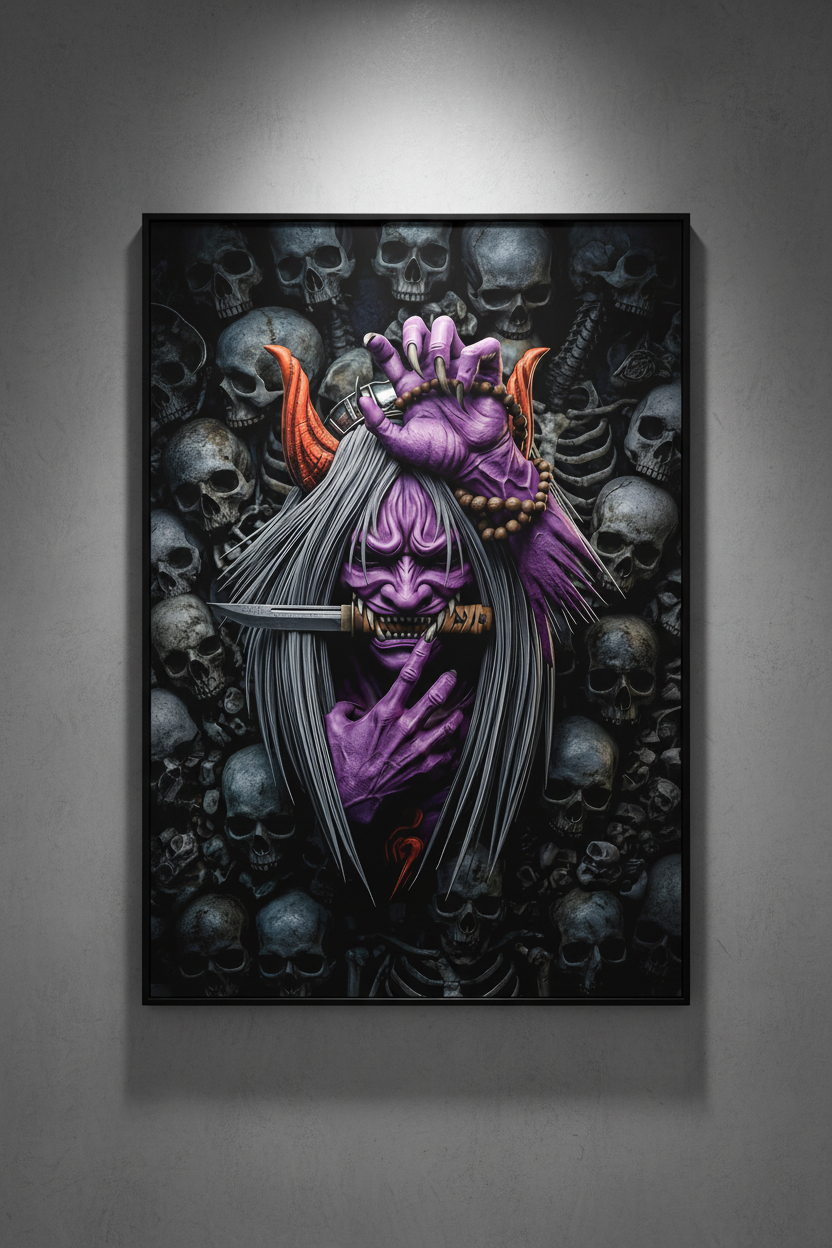 Lámina Hannya Demon 30x20 cm en cuadro sobre pared gris metalizada